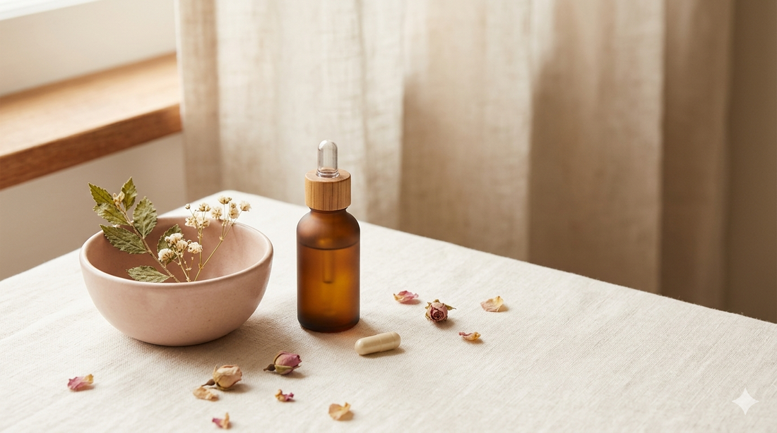 Soft editorial still life with botanical sprigs, supplement capsule, and dropper bottle representing the timeline of female libido supplement effects