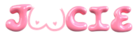 Pink balloon letters spelling 'JUUCIE' on a white background
