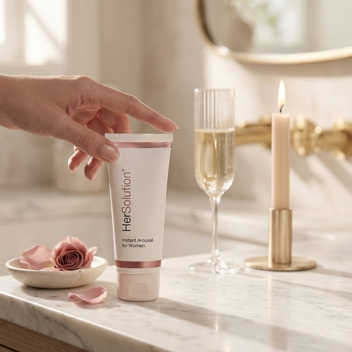 HerSolution Gel 60ml tube on marble surface with champagne glass and candle