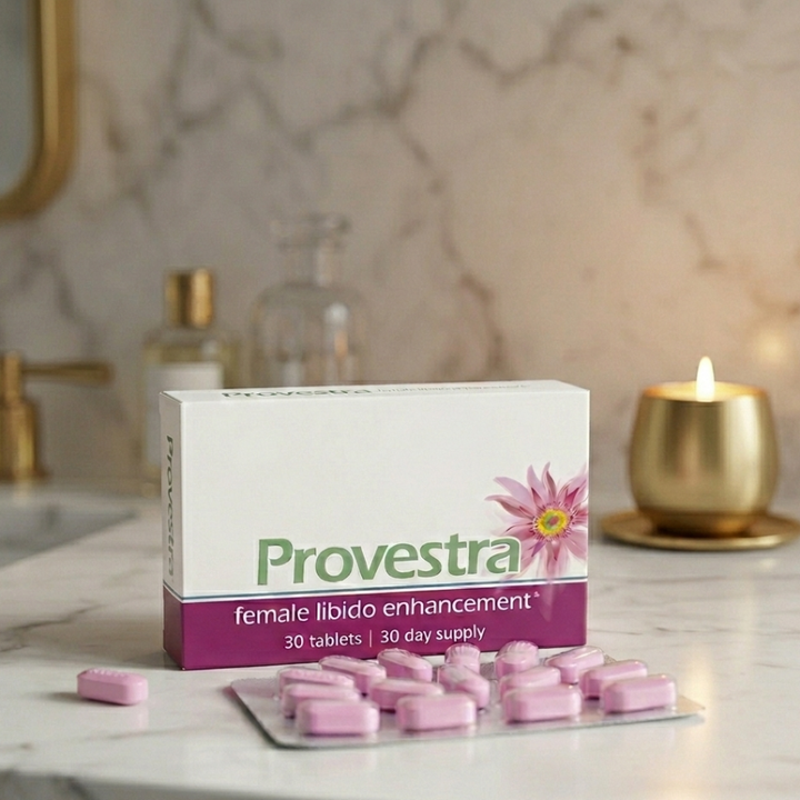Provestra daily female libido supplement tablets bottle on marble counter with candle and perfume