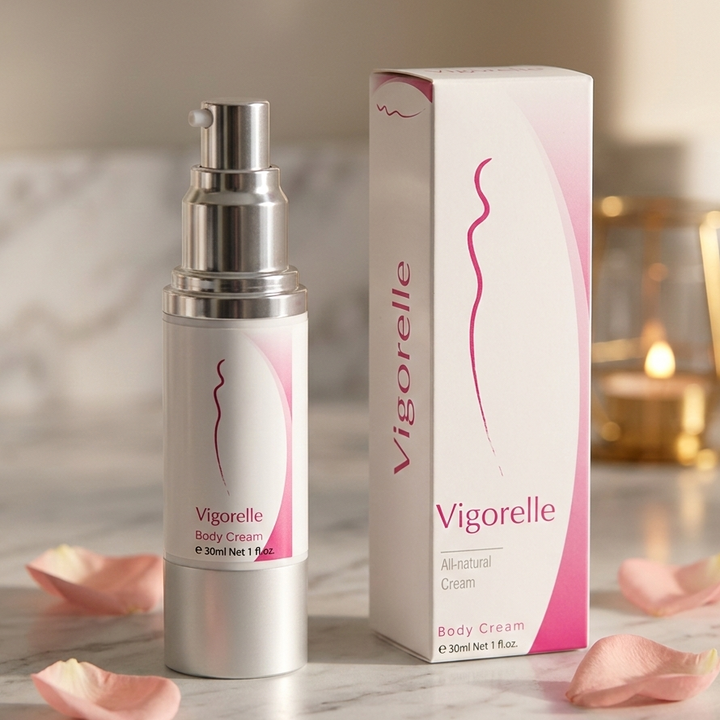 Vigorelle topical female arousal cream bottle on marble with rose petals and candle